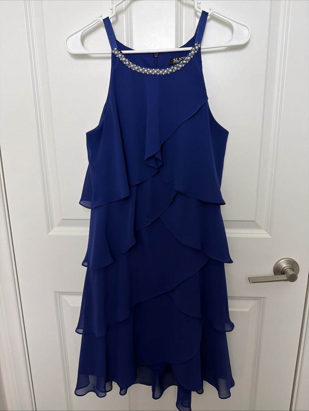 SLNY (SL Fashions New York) Teared / Ruffled Blue Dress With Pearl Decor Size 8